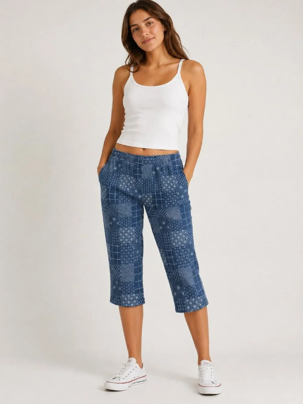 Lands' End NWOT Bandana Patchwork Sport Knit Capri Pants Size LT/14-16